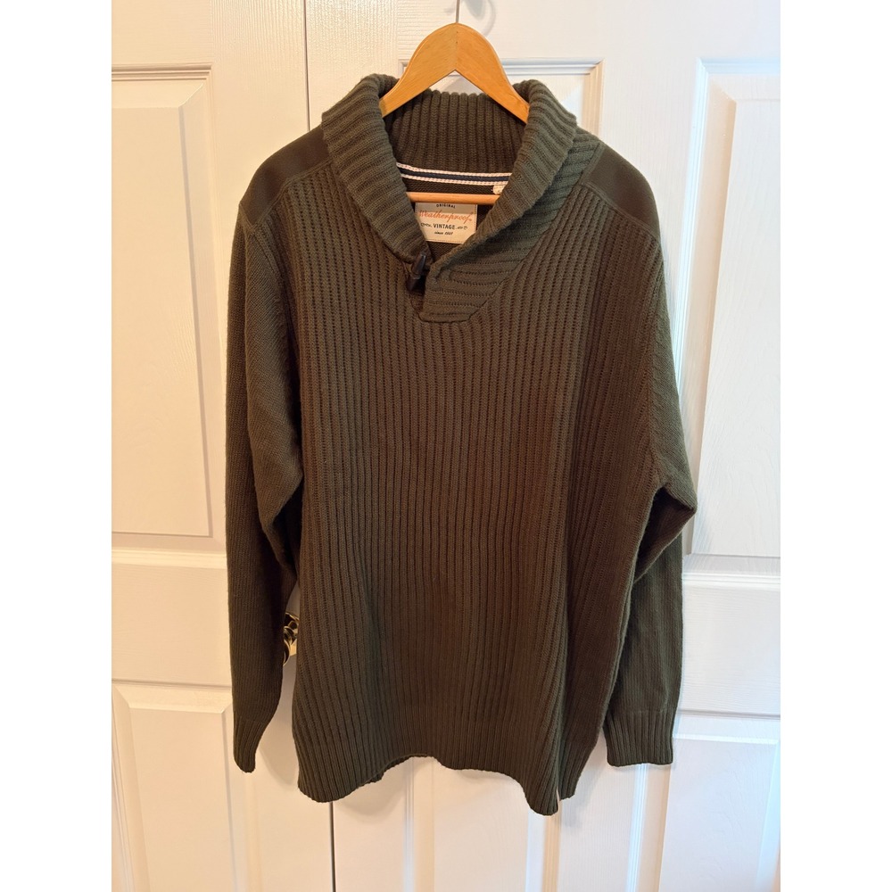 Weatherproof Vintage Mens XXL Olive Green Ribbed Shawl Collar Toggle Sweater